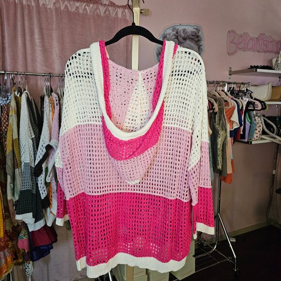 UST2 POL Open Weave Crochet Sweater Cover Up Hoodie Pinks - Picture 2 of 3